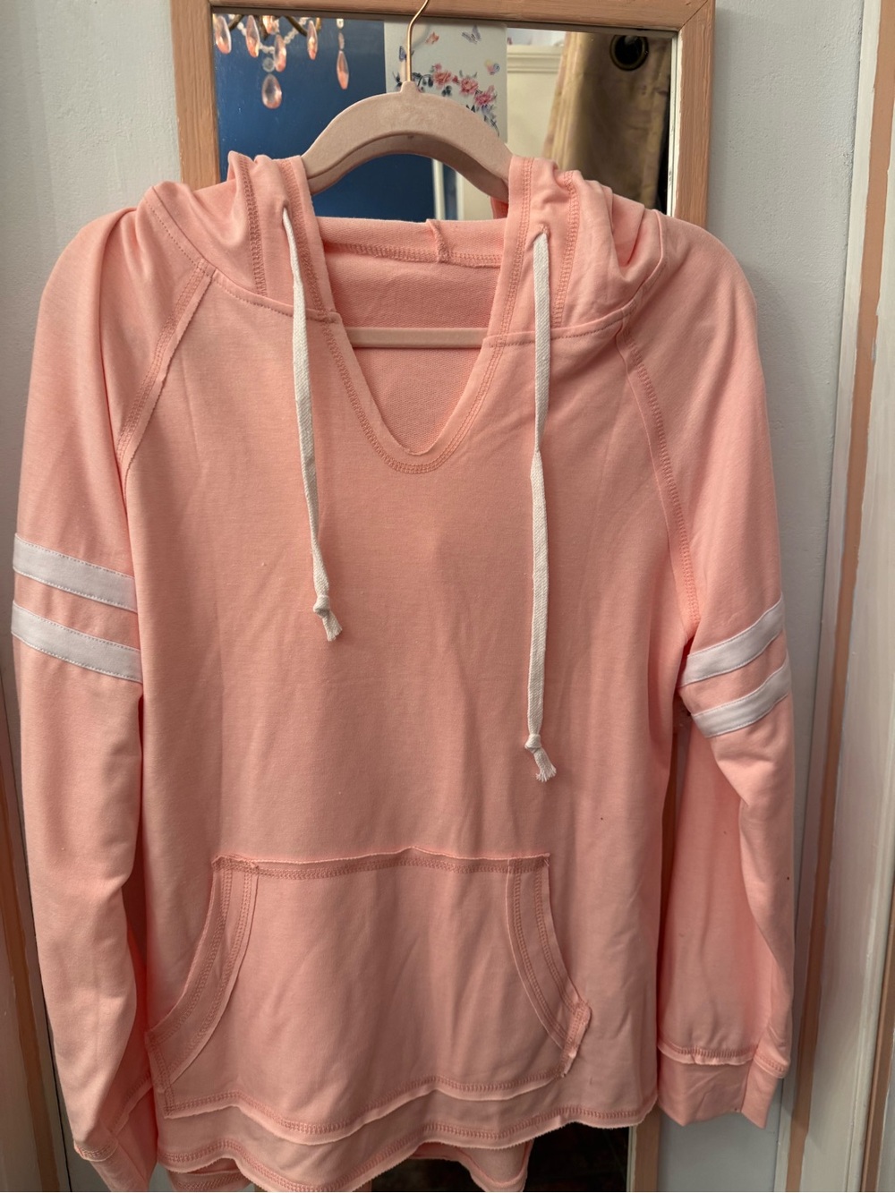 Peach Hooded Pullover Sweater with Striped Sleeve Detail